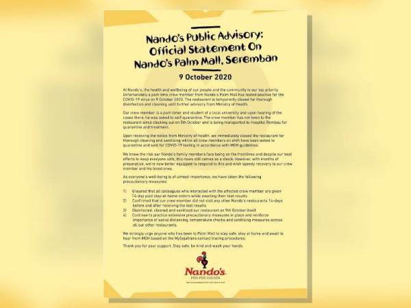Restoran Nando’s di Palm Mall ditutup sementara Restoran Nando’s di Palm Mall ditutup sementara