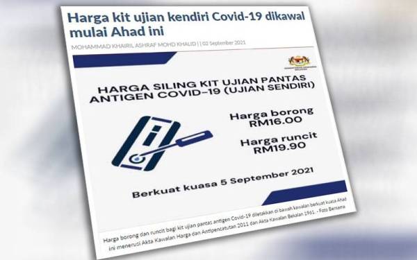 Keputusan harga siling kit ujian kendiri Covid-19 kekal